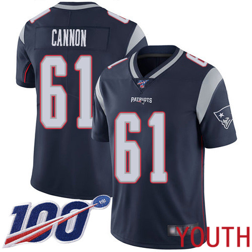 New England Patriots Football #61 100th Limited Navy Blue Youth Marcus Cannon Home NFL Jersey